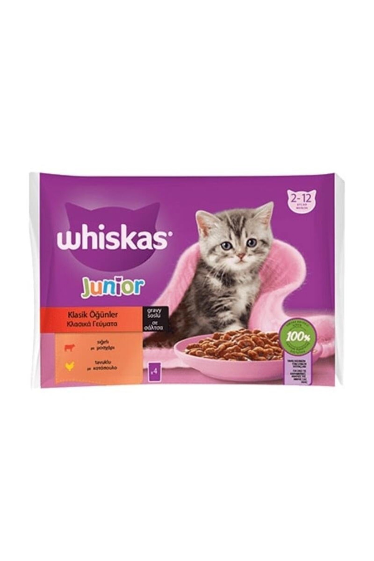 Whiskas 4'lü Yavru Klasik Öğünler Poşet Yaş Mama 4x 85g (2 Adet Tavuk - 2 Adet Sığır)