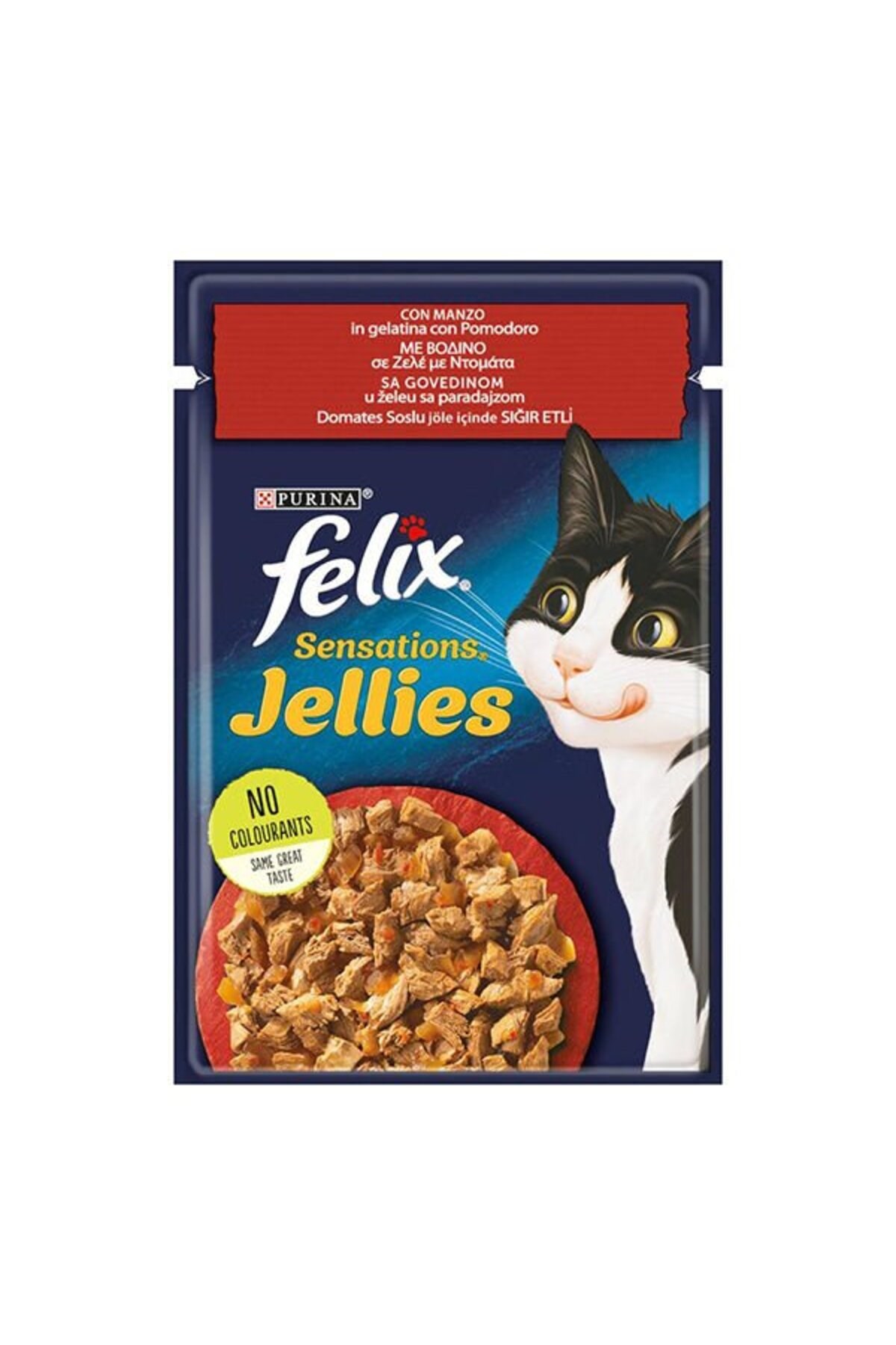 Felix Sensations Taze Jöle Içerisinde Domates Soslu Sığır Etli Yetişkin Konserve Kedi Maması 85 gr